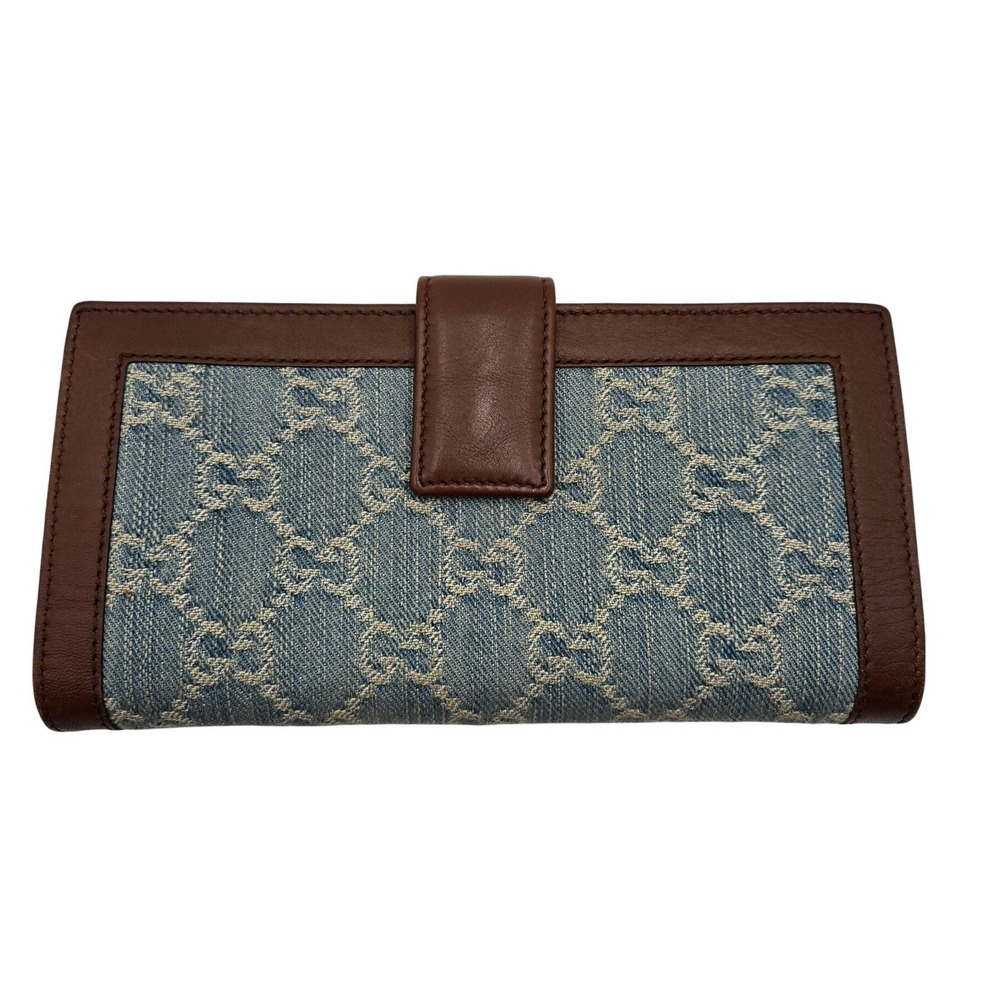 Gucci GG Monogram Denim Leather Long Wallet Blue Brown COA - Picture 2 of 13